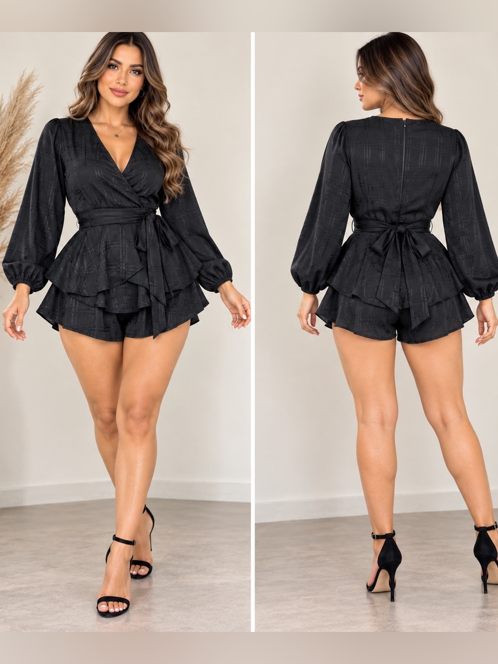 Black Plaid Long Sleeve Skater Dress with Waist Tie